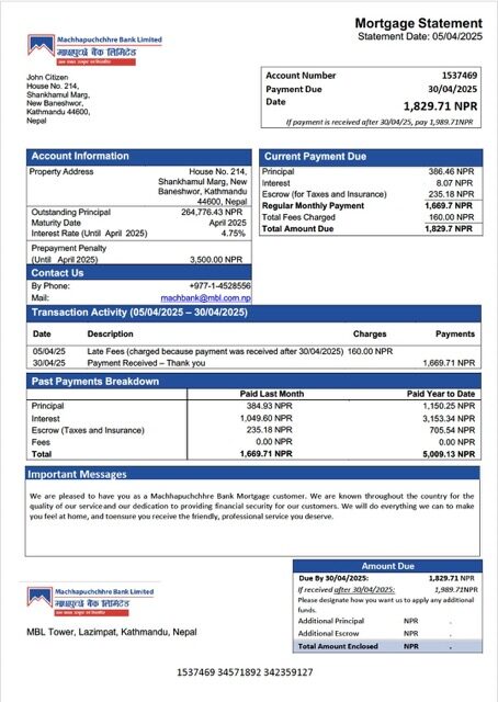 Nepal Machhapuchchhre Bank mortgage statement Word and PDF template