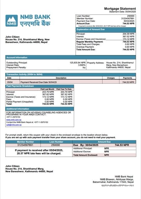 Nepal NMB Bank Nepal mortgage statement Word and PDF template