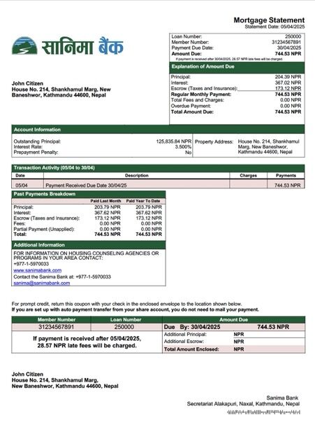 Nepal Sanima Bank mortgage statement Word and PDF template