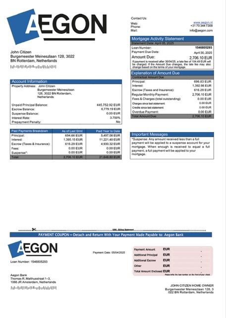 Netherlands Aegon Bank mortgage statement Word and PDF template