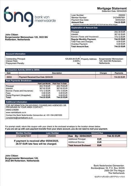 Netherlands Bank Nederlandse Gemeenten mortgage statement Word and PDF template