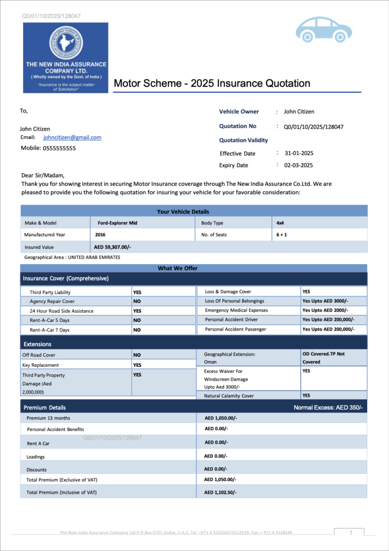 New India Assurance motor scheme insurance quotation Word and PDF template