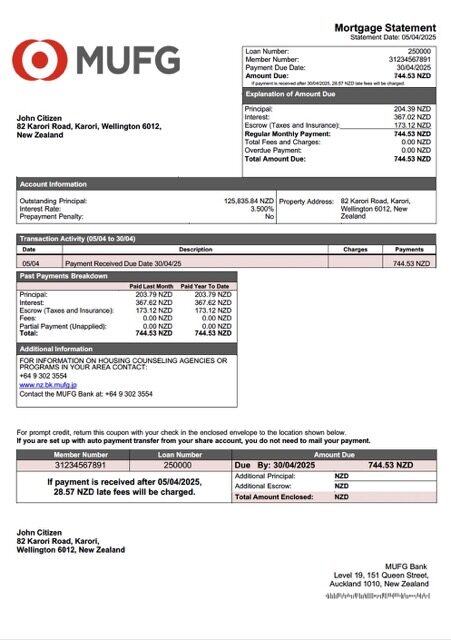 New Zealand MUFG Bank mortgage statement Word and PDF template