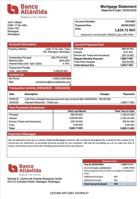 Nicaragua Banco Atlántida mortgage statement Word and PDF template