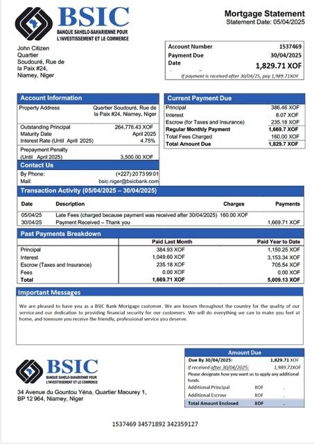 Niger BSIC Bank mortgage statement Word and PDF template