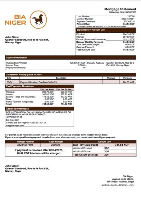 Niger Banque Internationale pour l’Afrique au Niger (BIA Niger) mortgage statement Word and PDF template