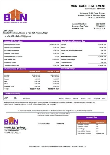 Niger Banque de l’Habitat du Niger (BHN) mortgage statement Word and PDF template