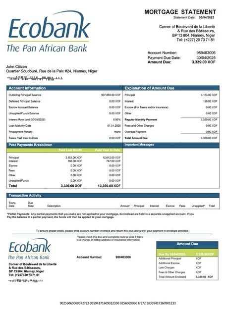 Niger Ecobank mortgage statement Word and PDF template