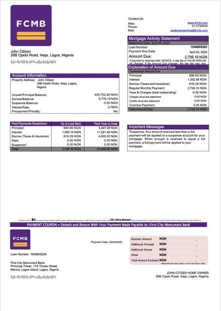 Nigeria First City Monument Bank mortgage statement Word and PDF template