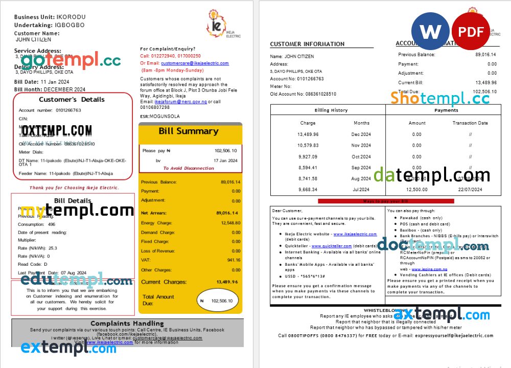 Nigeria Ikeja utility bill Word and PDF template, 2 pages