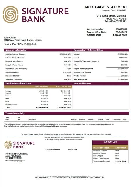 Nigeria Signature Bank mortgage statement Word and PDF template