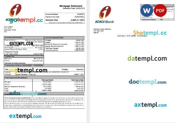 Pakistan ICICI mortgage statement in Word and PDF formats