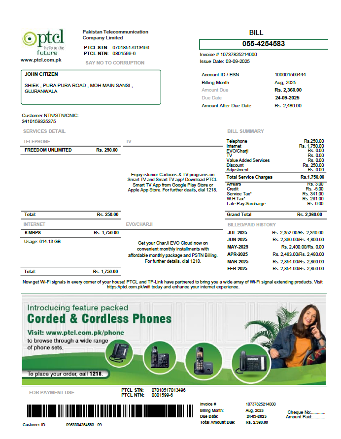 Pakistan PTCL utility bill template in Word and PDF formats, version 2 Pakistan PTCL utility bill template in Word and PDF formats, version 2