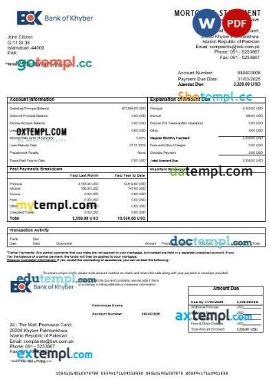 Pakistan The Bank of Khyber mortgage statement in Word and PDF formats