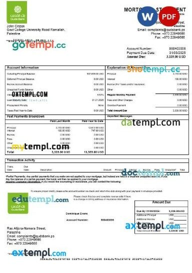 Palestine Quds bank mortgage statement in Word and PDF formats
