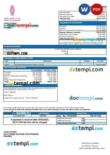 Palestine bank of Palestine mortgage statement in Word and PDF formats