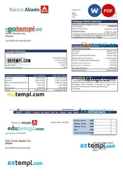 Panama Banco Aliado mortgage statement in Word and PDF formats