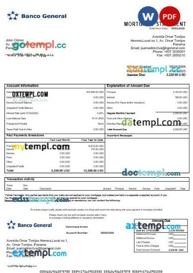 Panama Banco General mortgage statement in Word and PDF formats