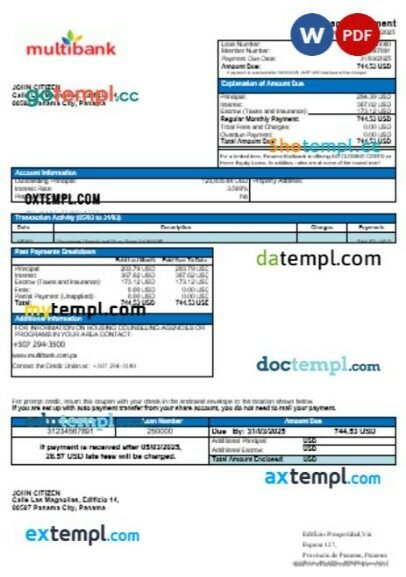 Panama Multibank mortgage statement in Word and PDF formats
