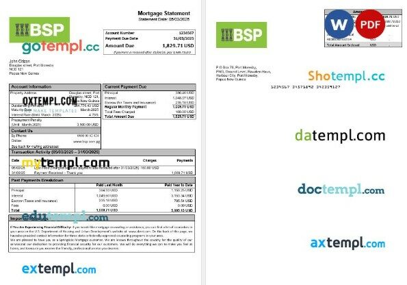 Papua New Guinea BSP mortgage statement in Word and PDF formats
