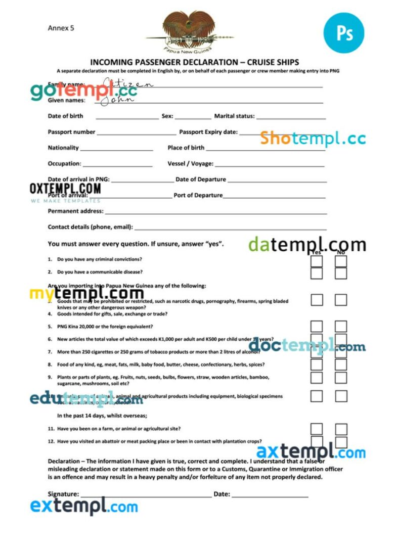 Papua New Guinea arrival card template in PSD format