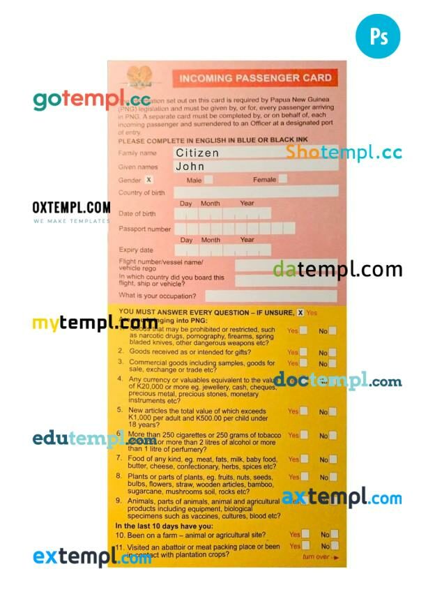 Papua New Guinea passenger arrival card template in PSD format