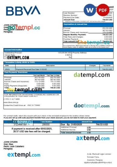 Paraguay BBVA bank mortgage statement in Word and PDF formats