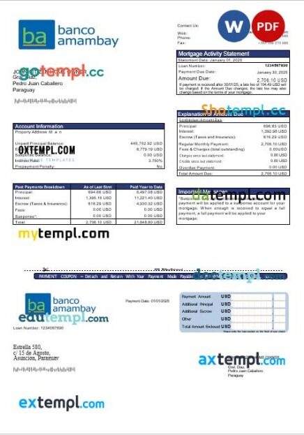 Paraguay Banco Amambay bank mortgage statement in Word and PDF formats