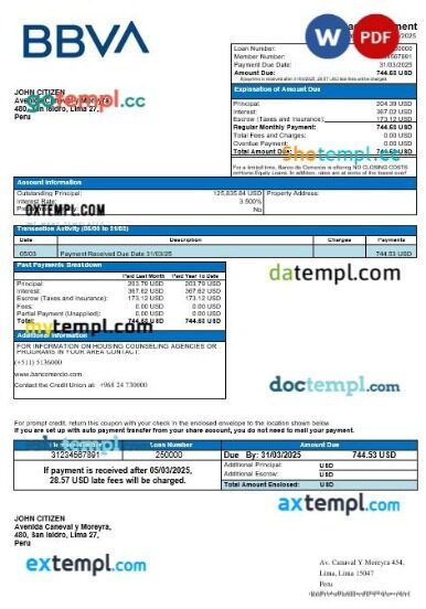 Peru Banco de Comercio mortgage statement in Word and PDF formats