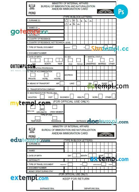 Peru arrival card template in PSD format