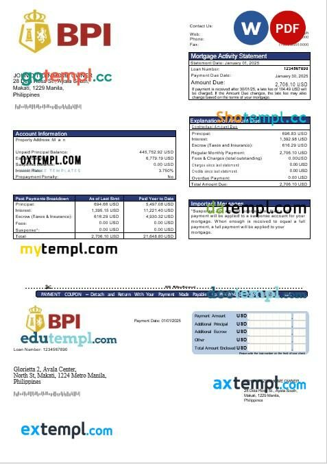 Philippine Bank of The Philippine Islands mortgage statement in Word and PDF formats