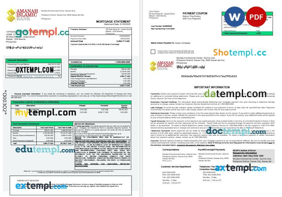 Philippines Al-Amanah Islamic Investment bank mortgage statement in Word and PDF formats