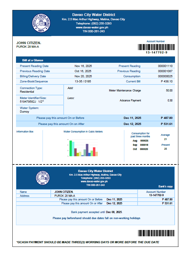 Philippines Davao City Water District utility bill template in Word and PDF formats Philippines Davao City Water District utility bill template in Word and PDF formats