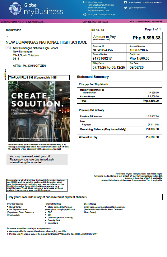 Philippines Globe myBusiness utility bill template in Word and PDF formats