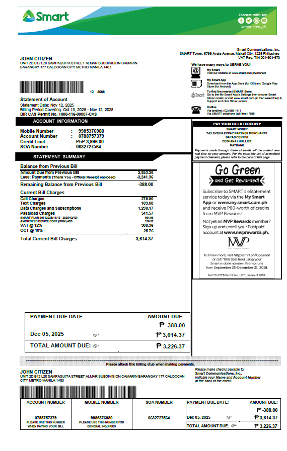 Philippines Smart utility bill template in Word and PDF formats, version 2 Philippines Smart utility bill template in Word and PDF formats, version 2