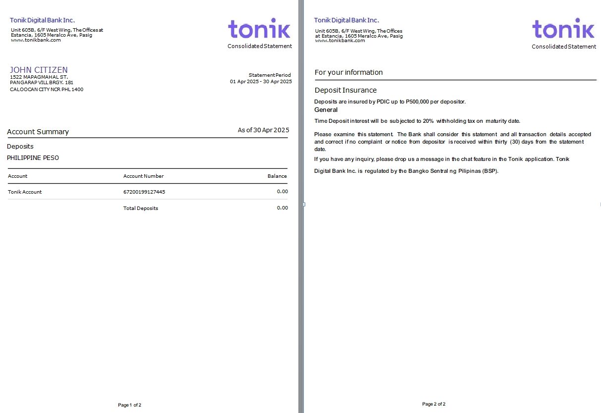 Philippines Tonik Digital Bank Inc. consolidated statement Word and PDF template, 2 pages