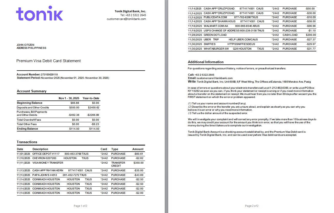 Philippines Tonik bank Premium Visa Debit Card statement Word and PDF template, 2 pages