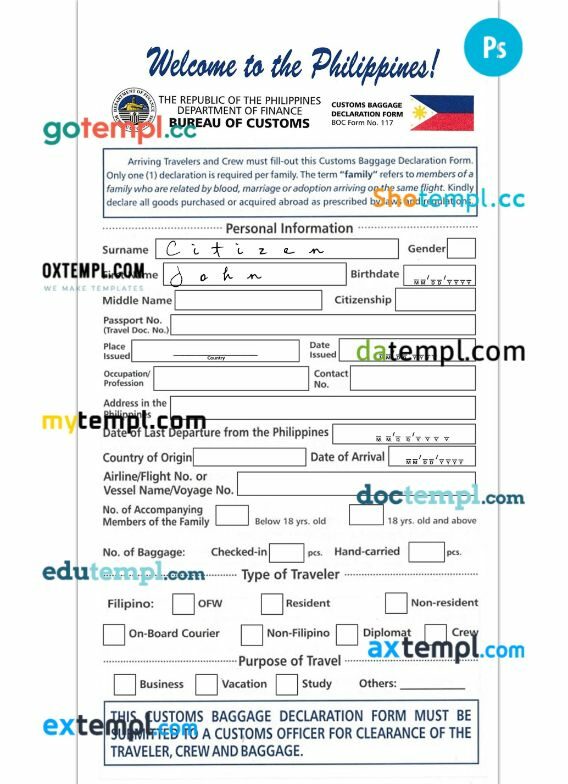 Philippines departure card template in PSD format