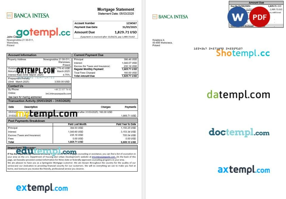 Poland Banca Intesa mortgage statement in Word and PDF formats