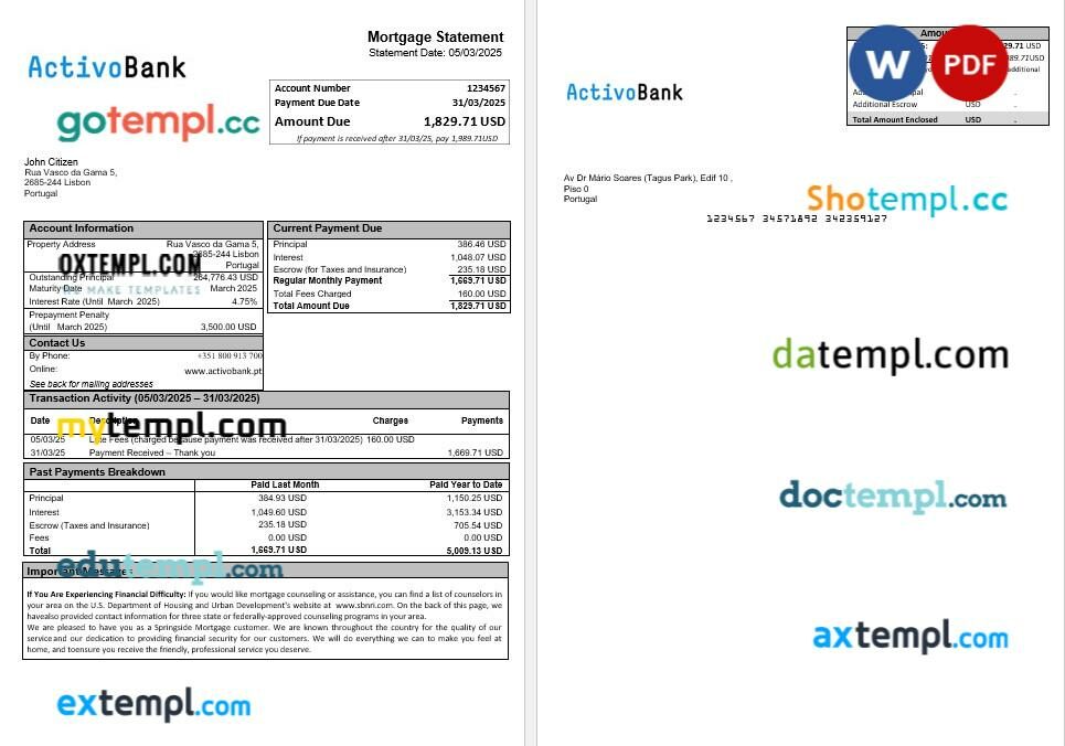 Portugal Activobank mortgage statement in Word and PDF formats