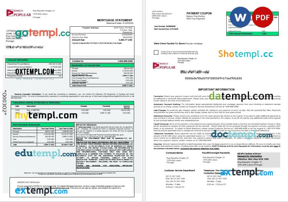 Portugal Banco Popular mortgage statement in Word and PDF formats