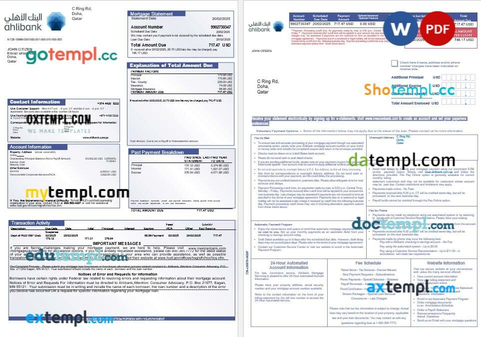 Qatar Ahlibank mortgage statement in Word and PDF formats