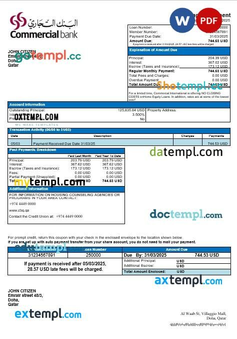 Qatar Commercal mortgage statement in Word and PDF formats