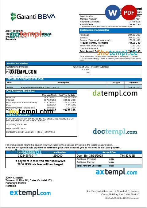 Romania Garanti BBVA mortgage statement in Word and PDF formats
