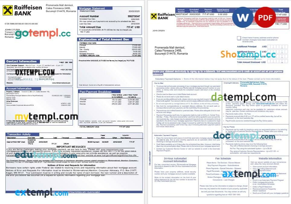 Romania Raiffeisen bank mortgage statement in Word and PDF formats