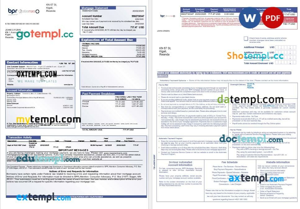 Rwanda BPR bank mortgage statement in Word and PDF formats