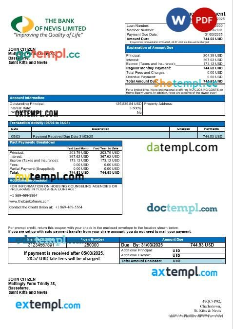 Saint Kitts and Nevis The Bank of Nevis mortgage statement in Word and PDF formats
