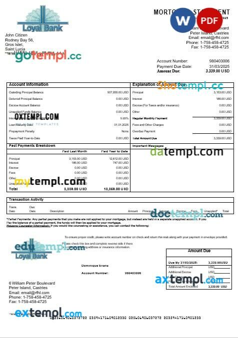Saint Lucia Loyal bank mortgage statement in Word and PDF formats