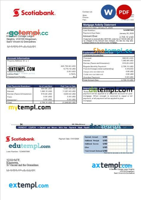 Saint Vincent and The Grenadines Scotiabank mortgage statement in Word and PDF formats