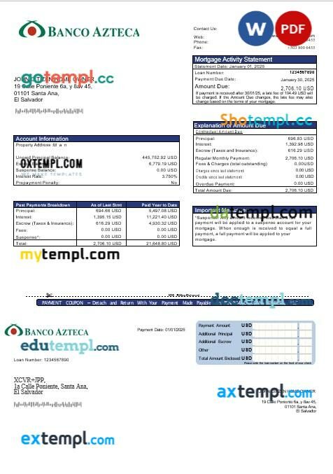 Salvador Banco Azteca mortgage statement in Word and PDF formats